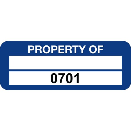 Lustre-Cal PROPERTY OF Label, Polyester Dark Blue 2in x 0.75in 1 Blank Pad & Serialized 0701-0800, 100PK 253744Pe2Bd0701